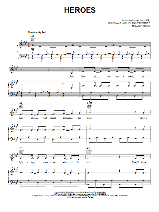 Download Mika Heroes Sheet Music and learn how to play Piano, Vocal & Guitar (Right-Hand Melody) PDF digital score in minutes