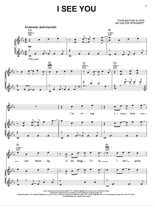 Download Mika I See You Sheet Music and learn how to play Piano, Vocal & Guitar (Right-Hand Melody) PDF digital score in minutes