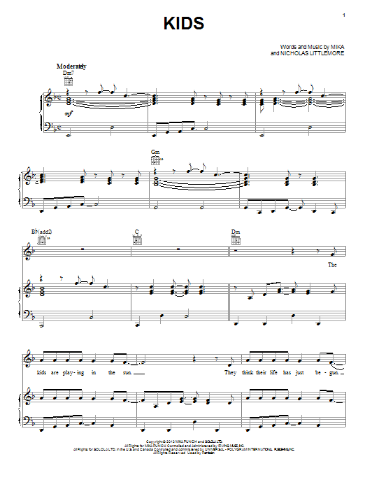 Download Mika Kids Sheet Music and learn how to play Piano, Vocal & Guitar (Right-Hand Melody) PDF digital score in minutes