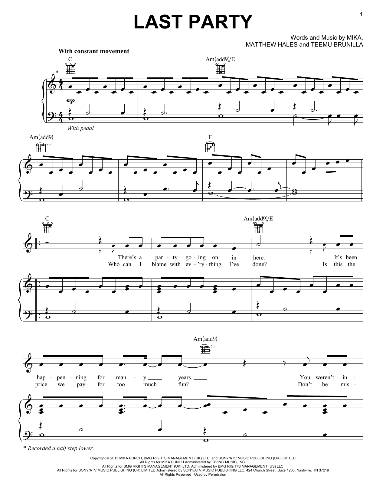 Download Mika Last Party Sheet Music and learn how to play Piano, Vocal & Guitar (Right-Hand Melody) PDF digital score in minutes