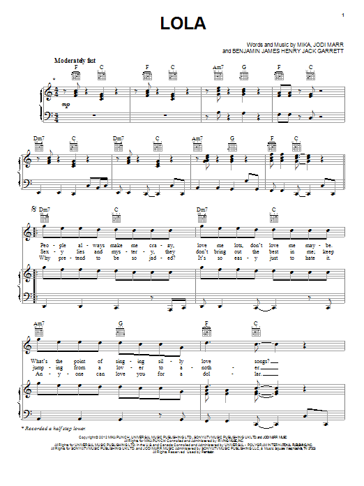 Download Mika Lola Sheet Music and learn how to play Piano, Vocal & Guitar (Right-Hand Melody) PDF digital score in minutes