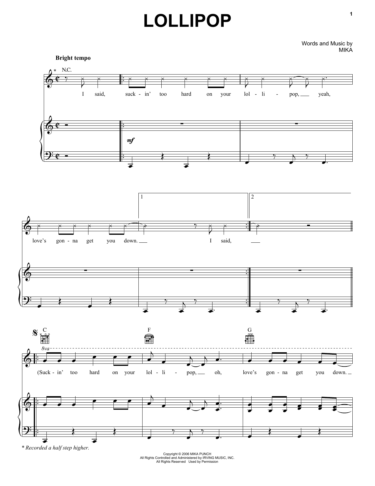 Download Mika Lollipop Sheet Music and learn how to play Easy Piano PDF digital score in minutes