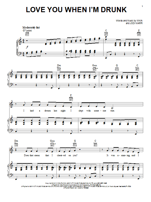 Download Mika Love You When I'm Drunk Sheet Music and learn how to play Piano, Vocal & Guitar (Right-Hand Melody) PDF digital score in minutes
