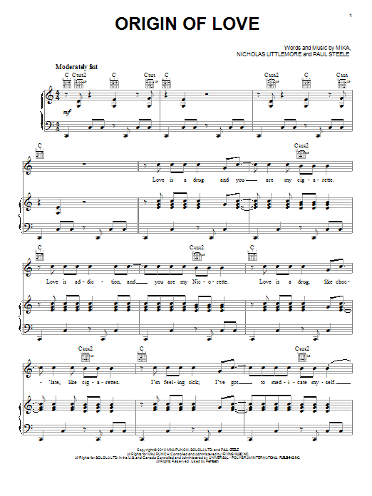 Download Mika Origin Of Love Sheet Music and learn how to play Piano, Vocal & Guitar (Right-Hand Melody) PDF digital score in minutes