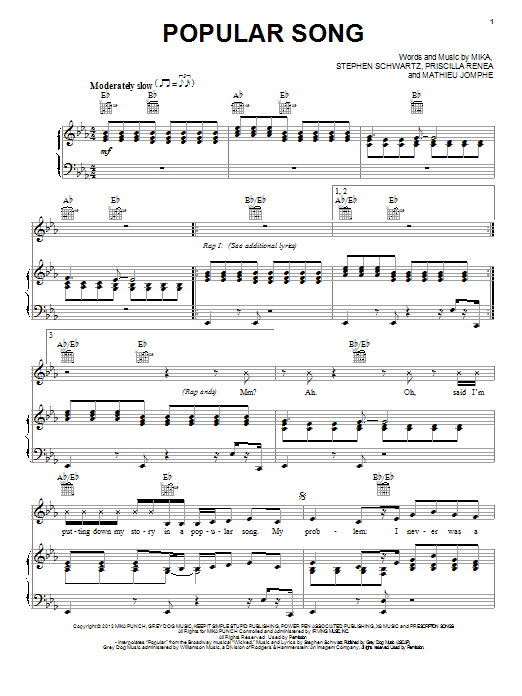 Download Mika Popular Song Sheet Music and learn how to play Piano, Vocal & Guitar (Right-Hand Melody) PDF digital score in minutes