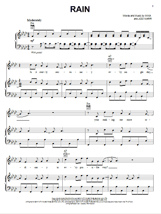 Download Mika Rain Sheet Music and learn how to play Piano, Vocal & Guitar (Right-Hand Melody) PDF digital score in minutes