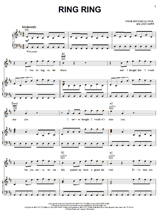 Download Mika Ring Ring Sheet Music and learn how to play Piano, Vocal & Guitar (Right-Hand Melody) PDF digital score in minutes