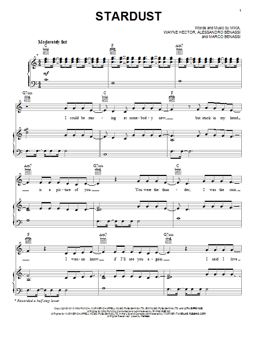 Download Mika Stardust Sheet Music and learn how to play Piano, Vocal & Guitar (Right-Hand Melody) PDF digital score in minutes