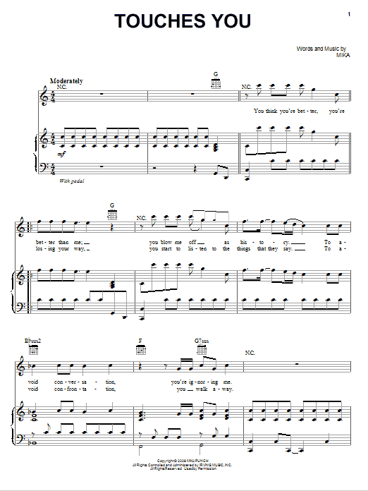 Download Mika Touches You Sheet Music and learn how to play Piano, Vocal & Guitar (Right-Hand Melody) PDF digital score in minutes