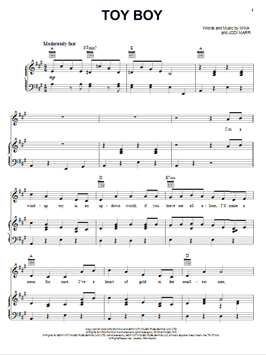 Download Mika Toy Boy Sheet Music and learn how to play Piano, Vocal & Guitar (Right-Hand Melody) PDF digital score in minutes