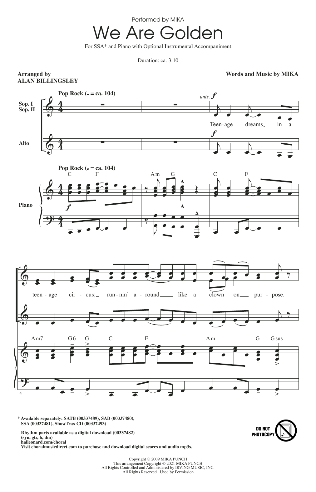 Download Mika We Are Golden (arr. Alan Billingsley) Sheet Music and learn how to play SATB Choir PDF digital score in minutes
