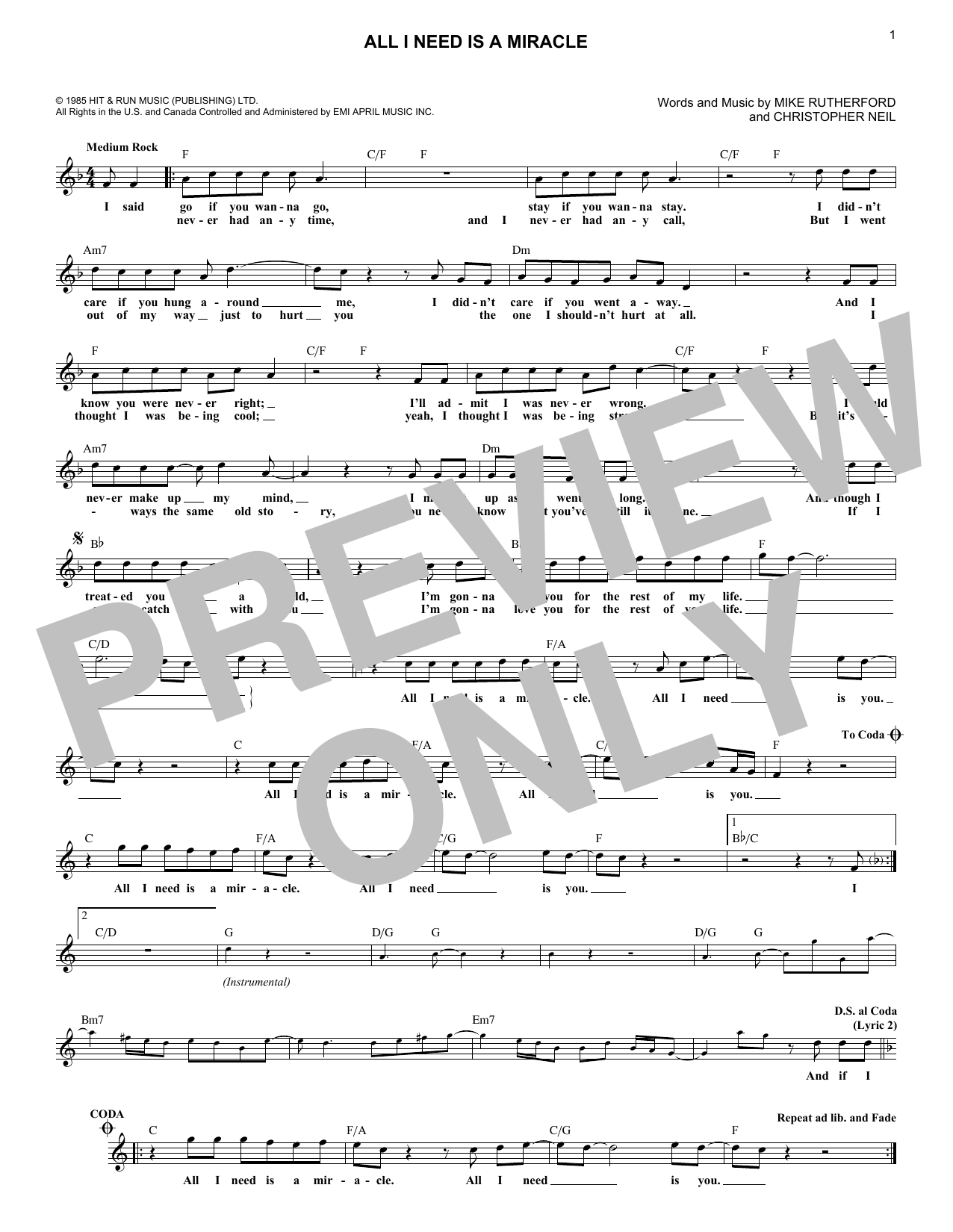 Download Mike & The Mechanics All I Need Is A Miracle Sheet Music and learn how to play Melody Line, Lyrics & Chords PDF digital score in minutes