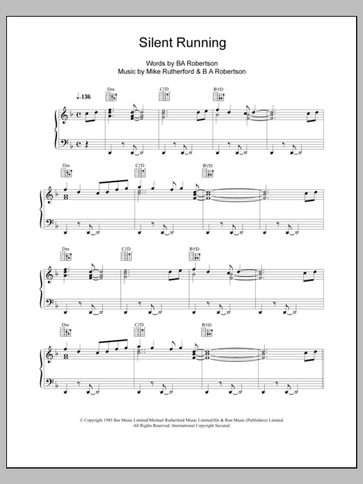 Download Mike and The Mechanics Silent Running Sheet Music and learn how to play Piano, Vocal & Guitar (Right-Hand Melody) PDF digital score in minutes