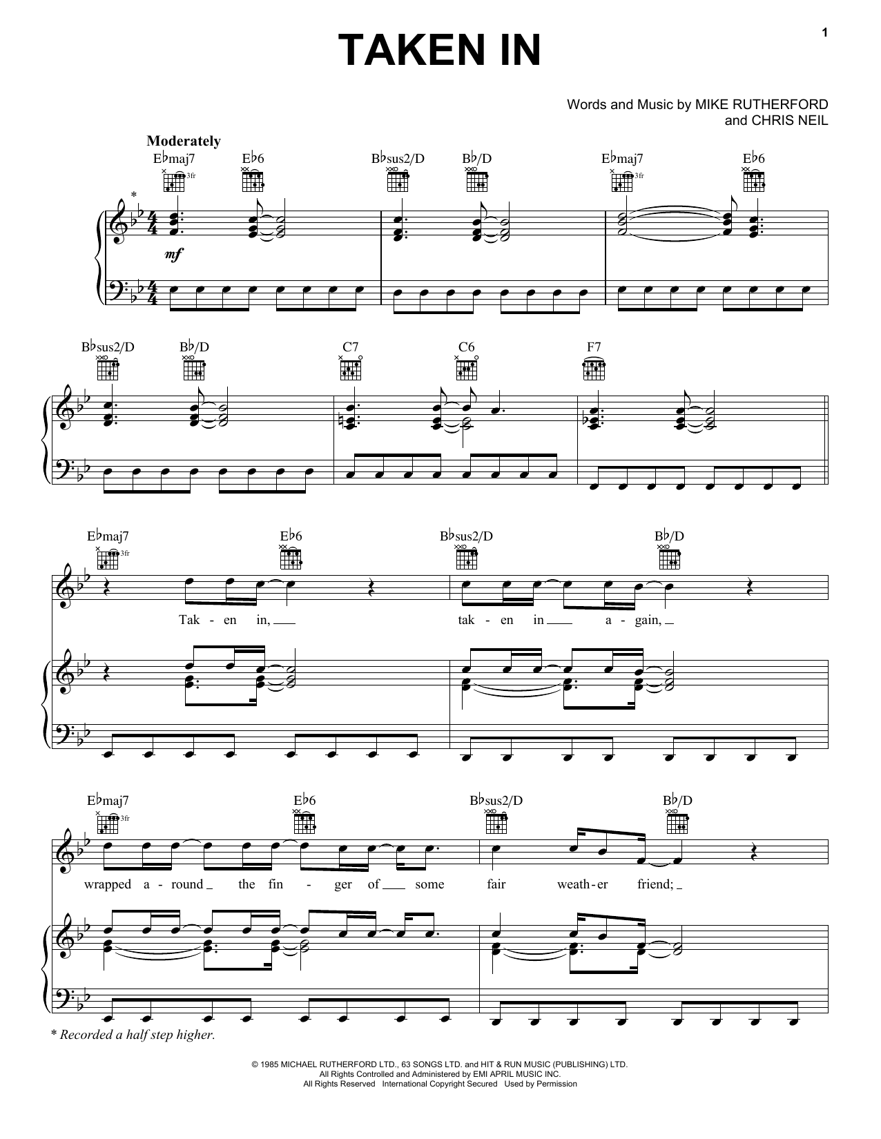 Download Mike + The Mechanics Taken In Sheet Music and learn how to play Piano, Vocal & Guitar Chords (Right-Hand Melody) PDF digital score in minutes