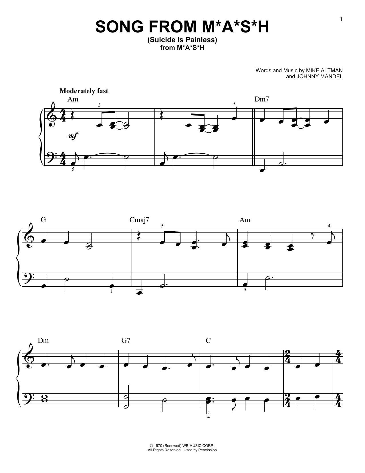 Download Mike Altman and Johnny Mandel Song From M*A*S*H (Suicide Is Painless) Sheet Music and learn how to play Very Easy Piano PDF digital score in minutes