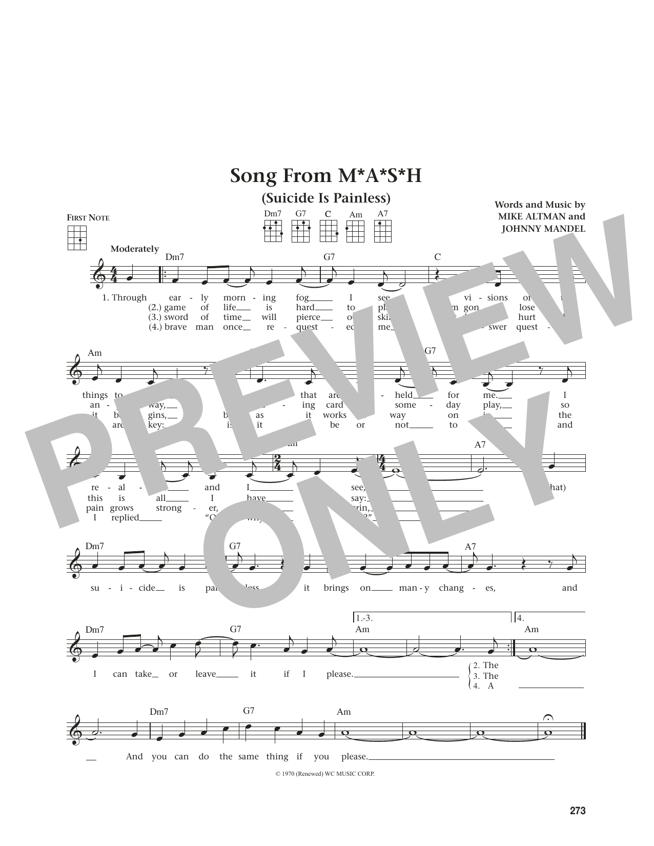 Download Mike Altman Song From M*A*S*H (Suicide Is Painless) (from The Daily Ukulele) (arr. Jim Belof Sheet Music and learn how to play Ukulele PDF digital score in minutes