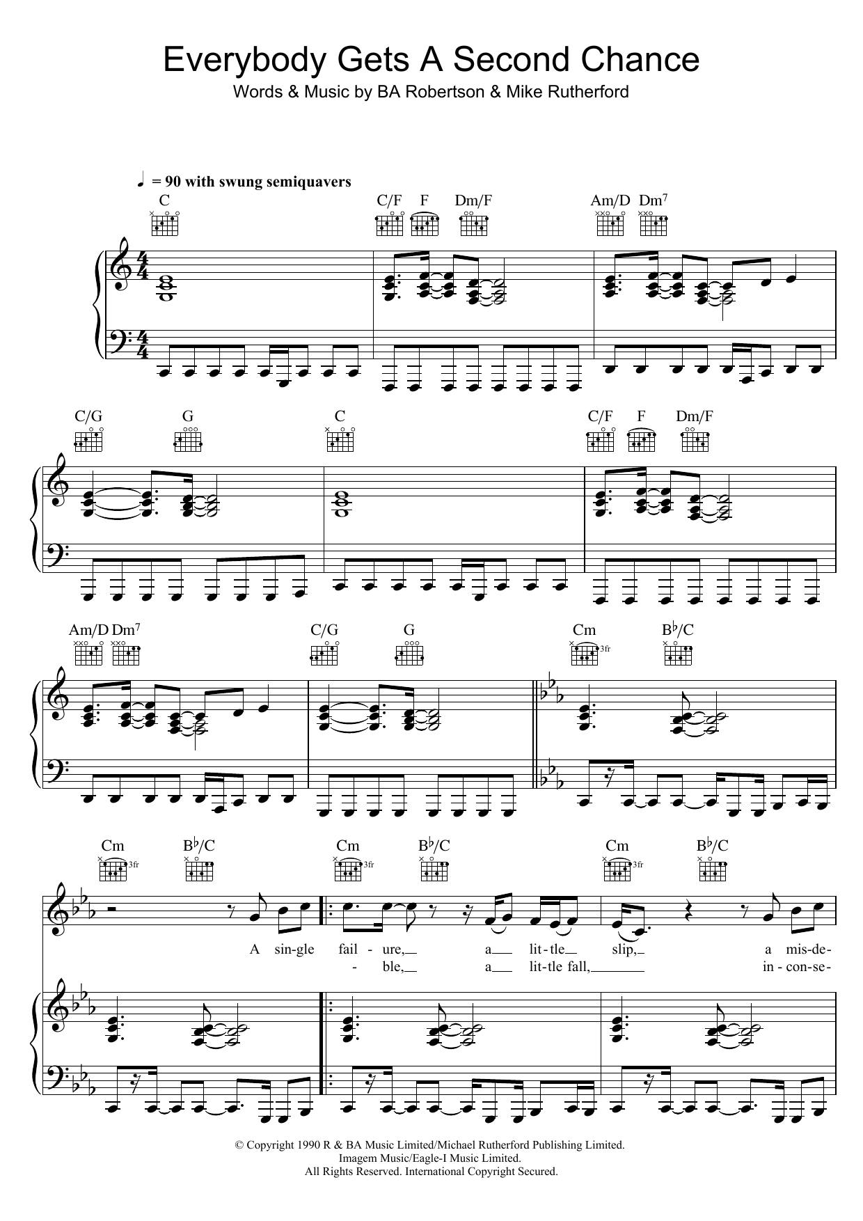 Download Mike and The Mechanics Everybody Gets A Second Chance Sheet Music and learn how to play Piano, Vocal & Guitar PDF digital score in minutes