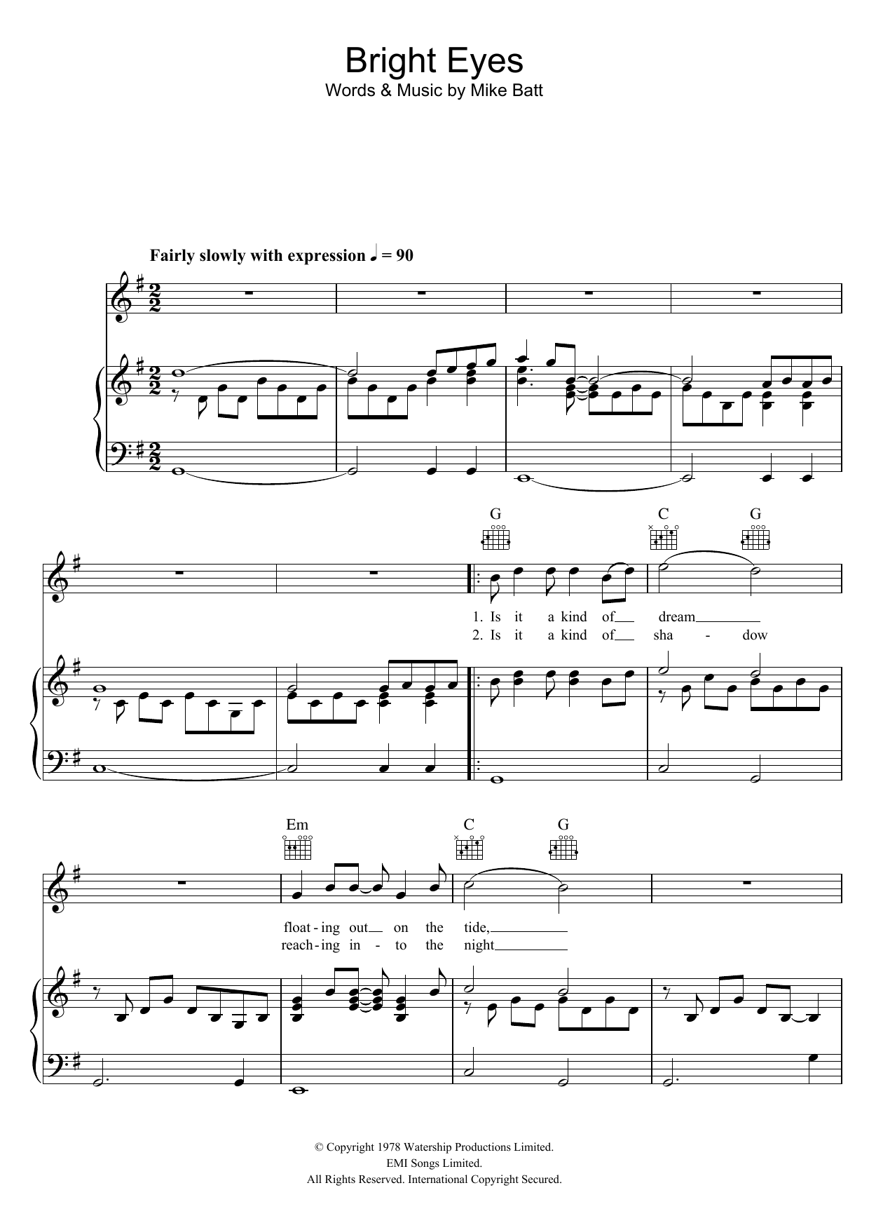 Download Mike Batt Bright Eyes Sheet Music and learn how to play Piano, Vocal & Guitar (Right-Hand Melody) PDF digital score in minutes