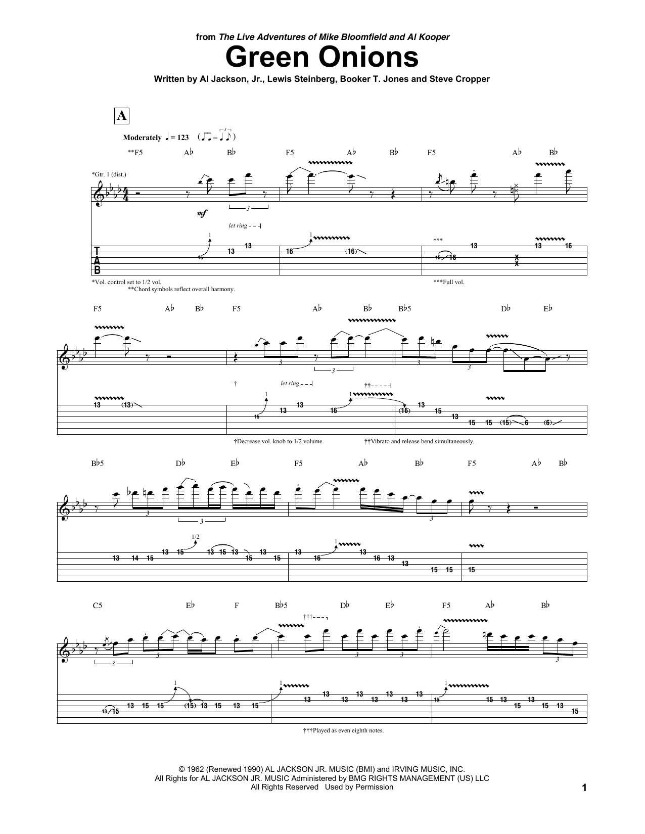 Download Mike Bloomfield & Al Kooper Green Onions Sheet Music and learn how to play Guitar Tab PDF digital score in minutes