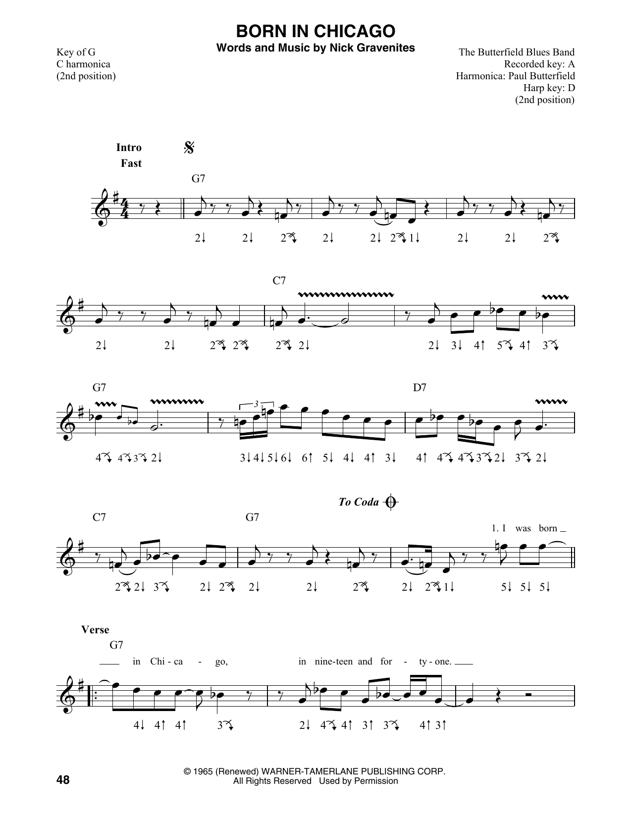 Download Mike Bloomfield Born In Chicago Sheet Music and learn how to play Harmonica PDF digital score in minutes