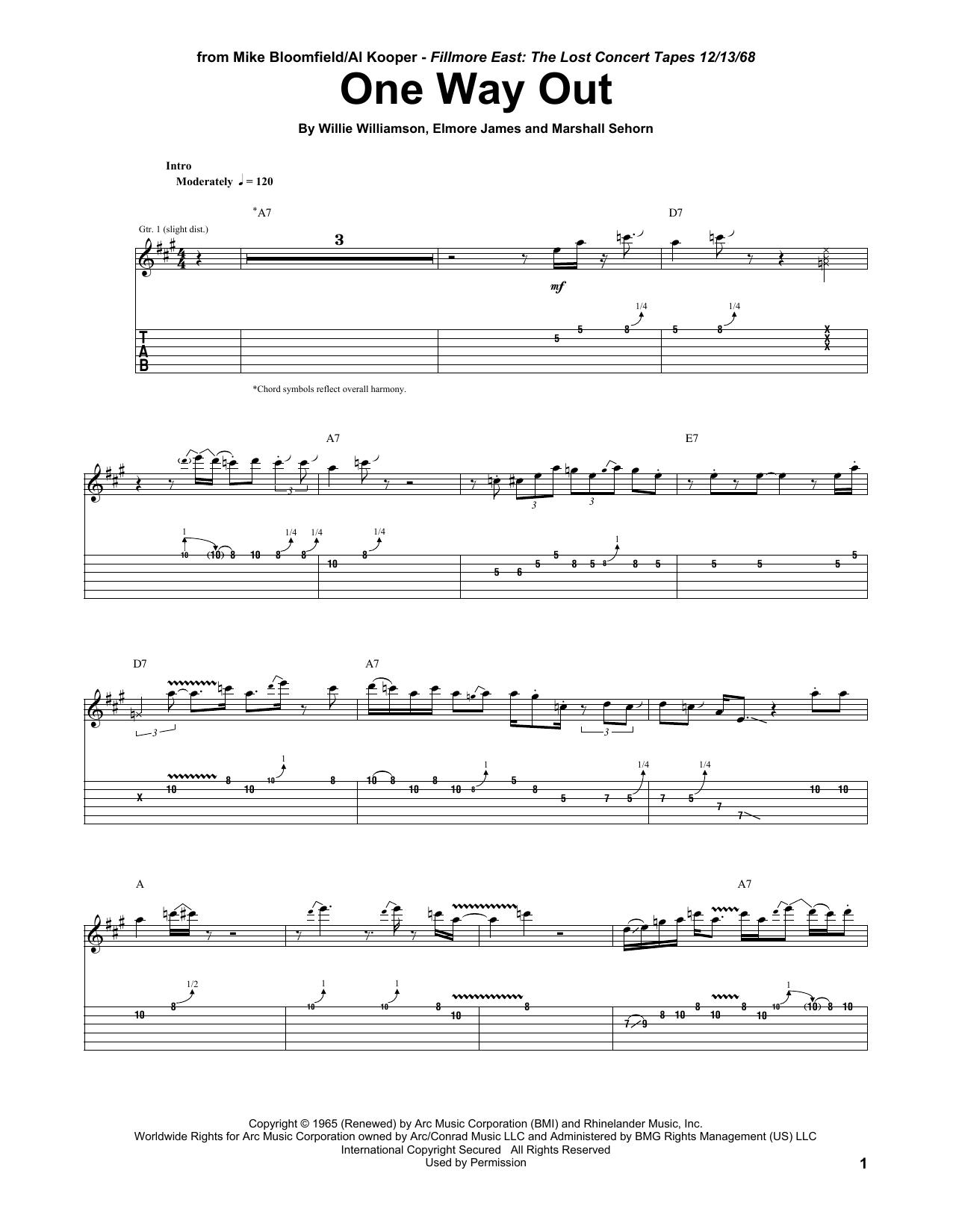 Download Mike Bloomfield One Way Out Sheet Music and learn how to play Guitar Tab PDF digital score in minutes