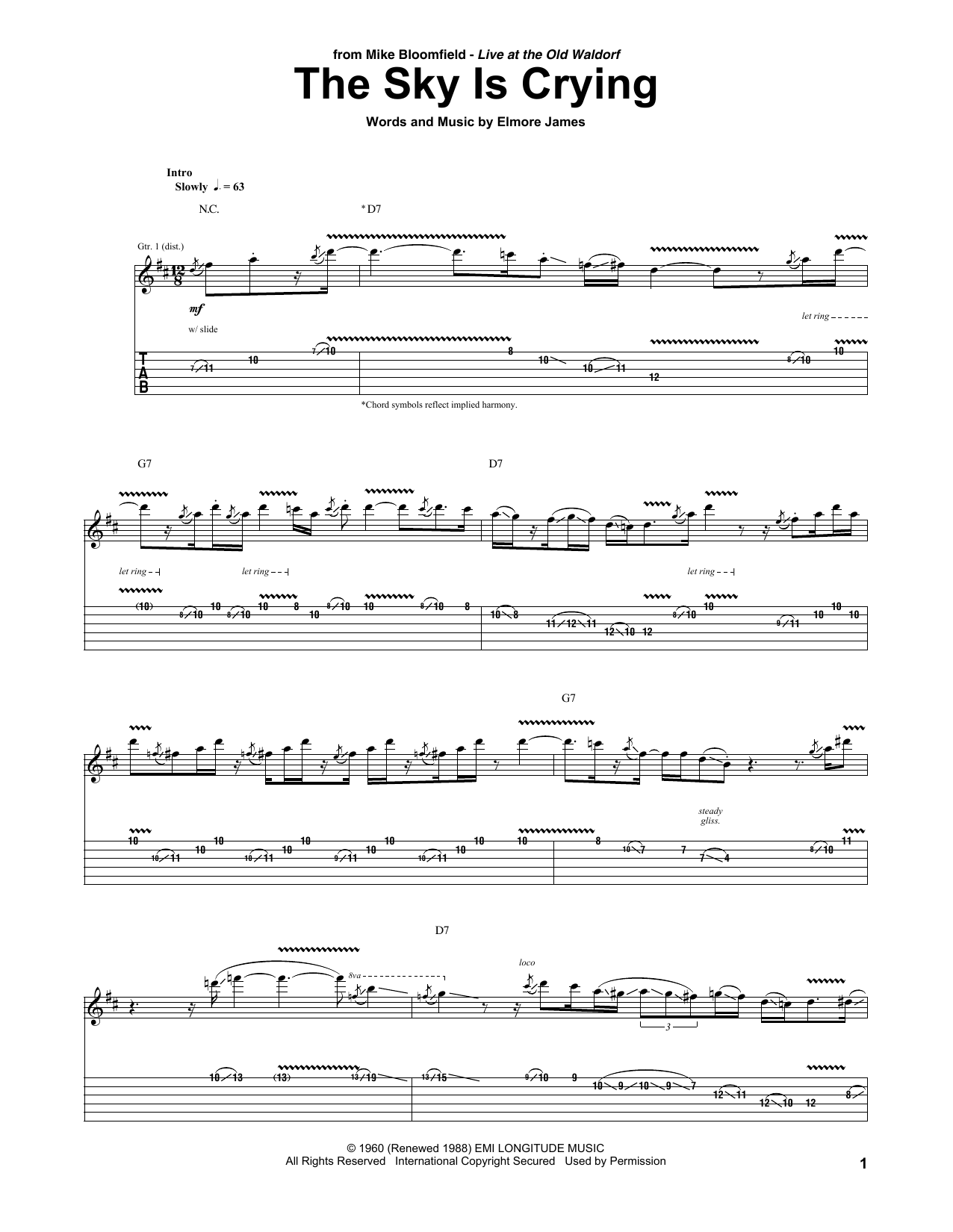 Download Mike Bloomfield The Sky Is Crying Sheet Music and learn how to play Guitar Tab PDF digital score in minutes