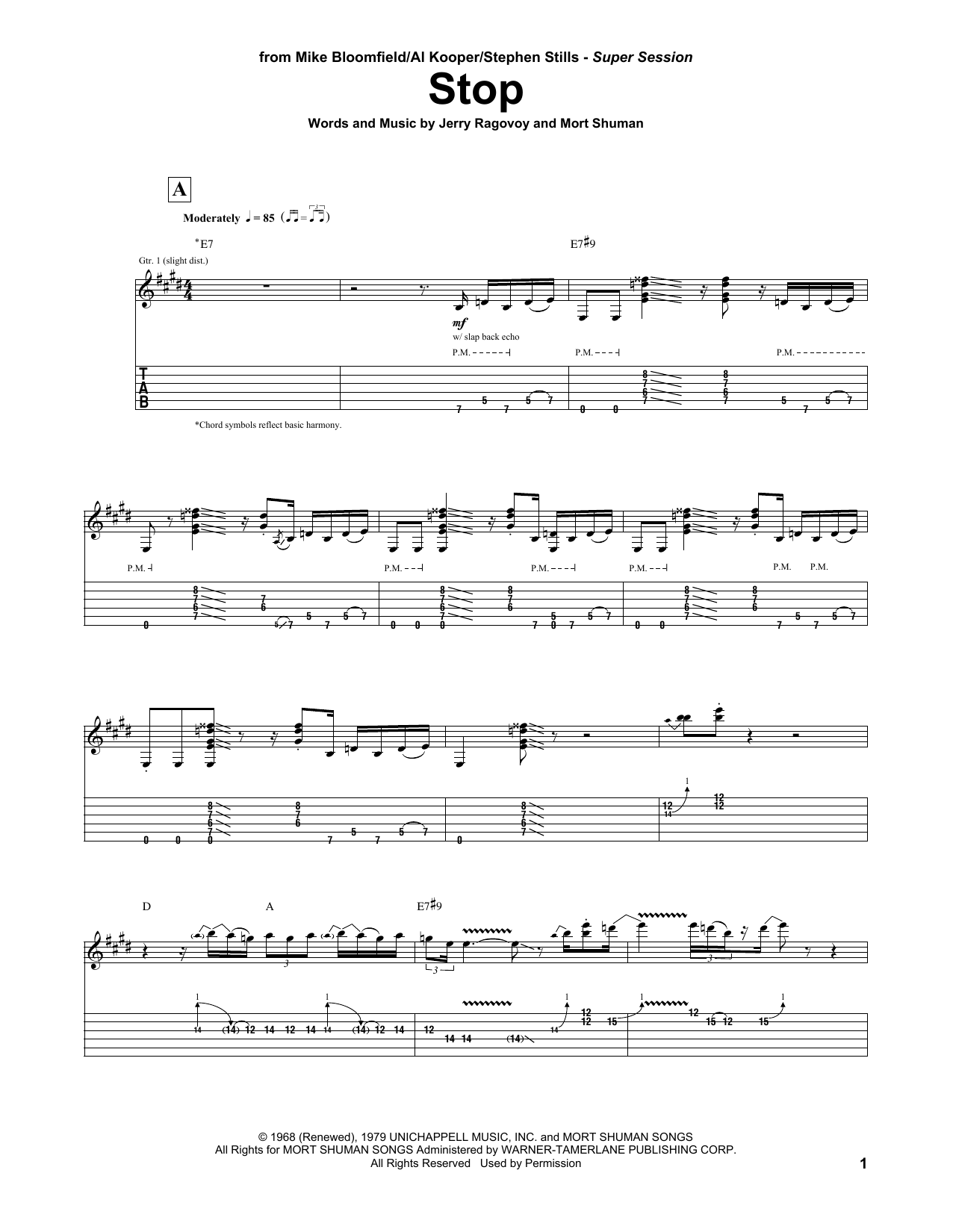 Download Mike Bloomfield/Al Kooper/Stephen Stills Stop Sheet Music and learn how to play Guitar Tab PDF digital score in minutes