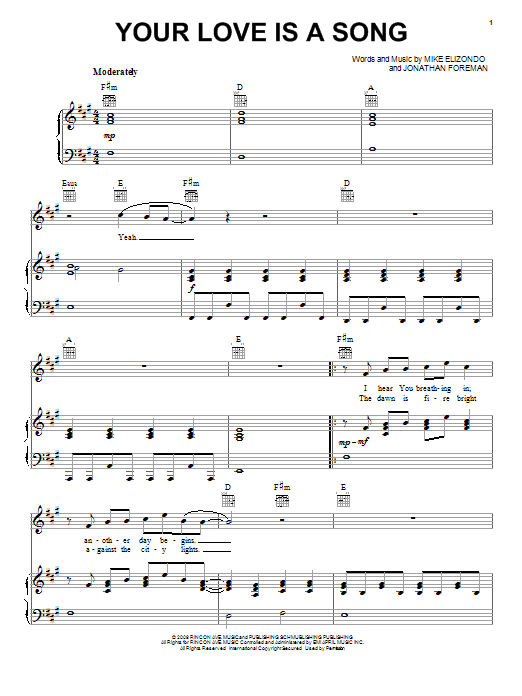 Download Mike Elizondo Your Love Is A Song Sheet Music and learn how to play Piano, Vocal & Guitar (Right-Hand Melody) PDF digital score in minutes