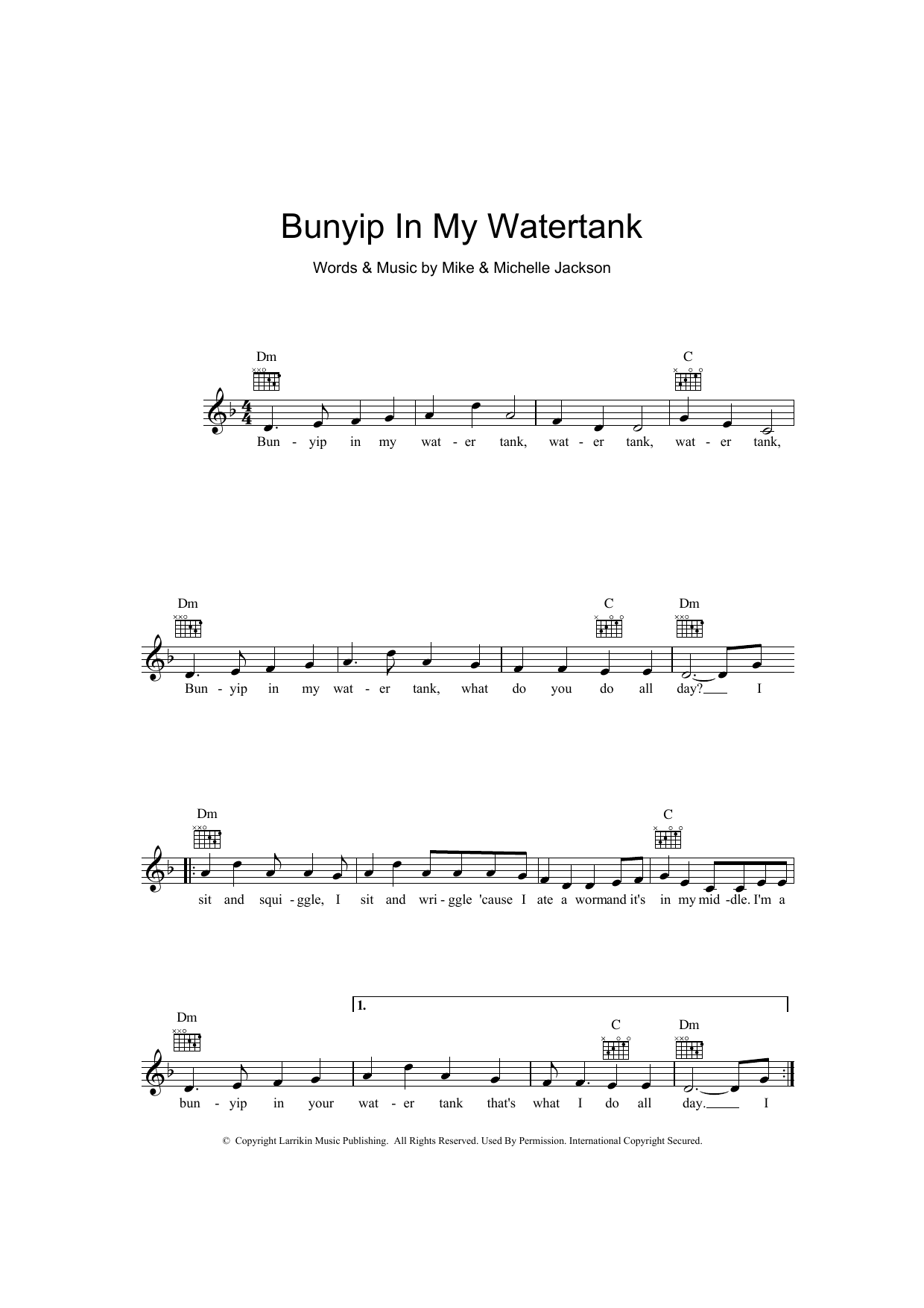 Download Mike Jackson Bunyip In My Water Tank Sheet Music and learn how to play Melody Line, Lyrics & Chords PDF digital score in minutes
