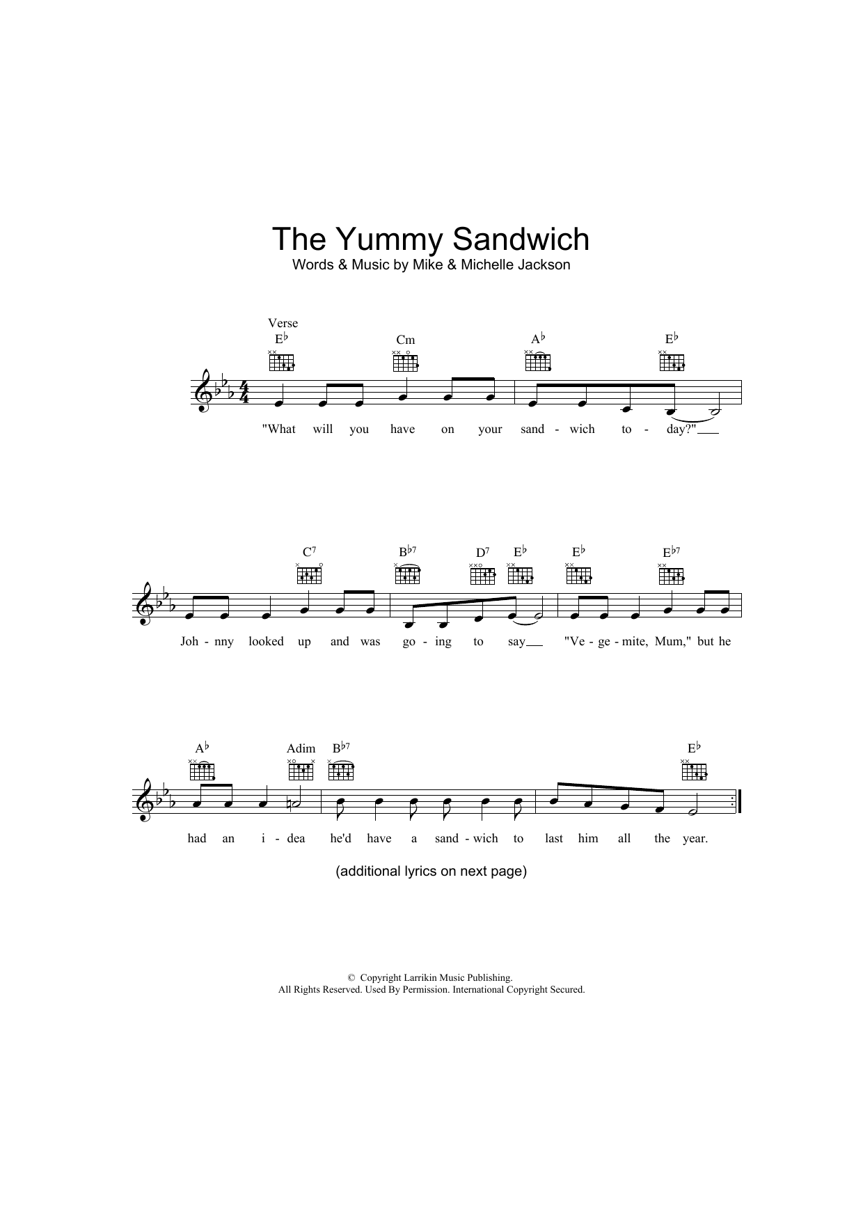 Download Mike Jackson The Yummy Sandwich Sheet Music and learn how to play Melody Line, Lyrics & Chords PDF digital score in minutes