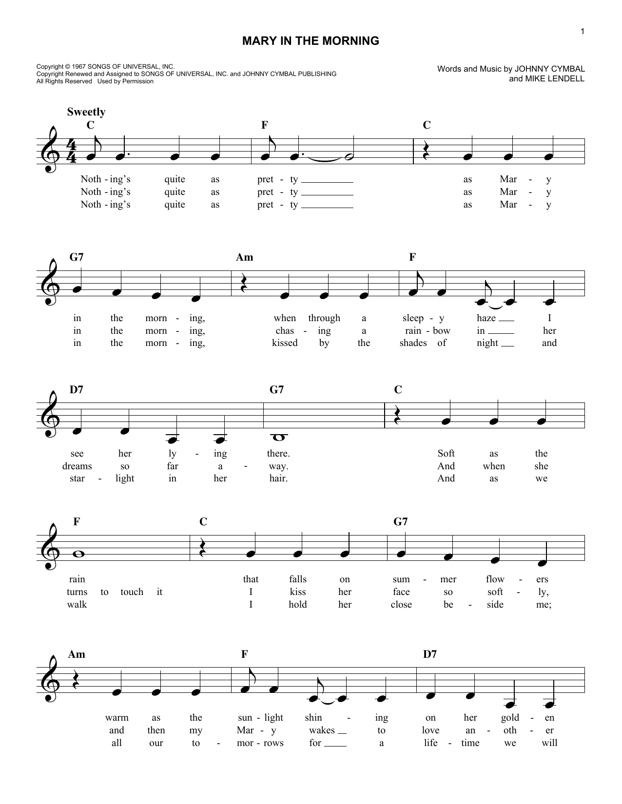 Download Mike Lendell Mary In The Morning Sheet Music and learn how to play Melody Line, Lyrics & Chords PDF digital score in minutes