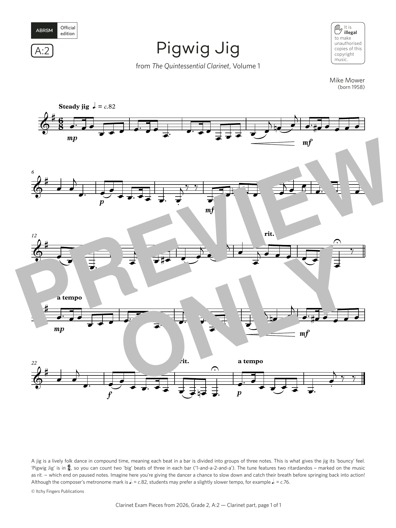Download Mike Mower Pigwig Jig (Grade 2, list A2, from the ABRSM Clarinet Syllabus from 2026) Sheet Music and learn how to play Clarinet Solo PDF digital score in minutes