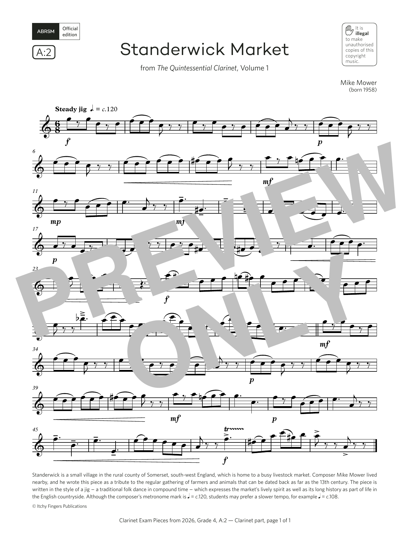 Download Mike Mower Standerwick Market (Grade 4, list A2, from the ABRSM Clarinet Syllabus from 2026 Sheet Music and learn how to play Clarinet Solo PDF digital score in minutes