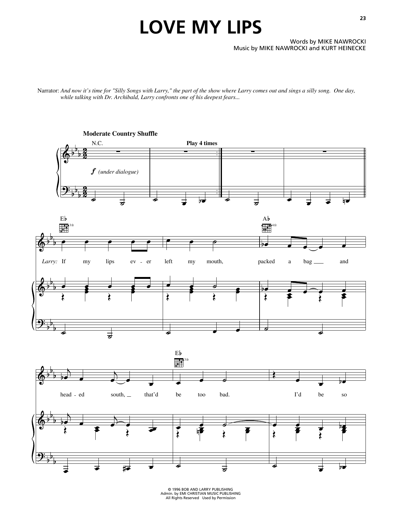 Download Mike Nawrocki Love My Lips (from VeggieTales) Sheet Music and learn how to play Piano, Vocal & Guitar Chords (Right-Hand Melody) PDF digital score in minutes