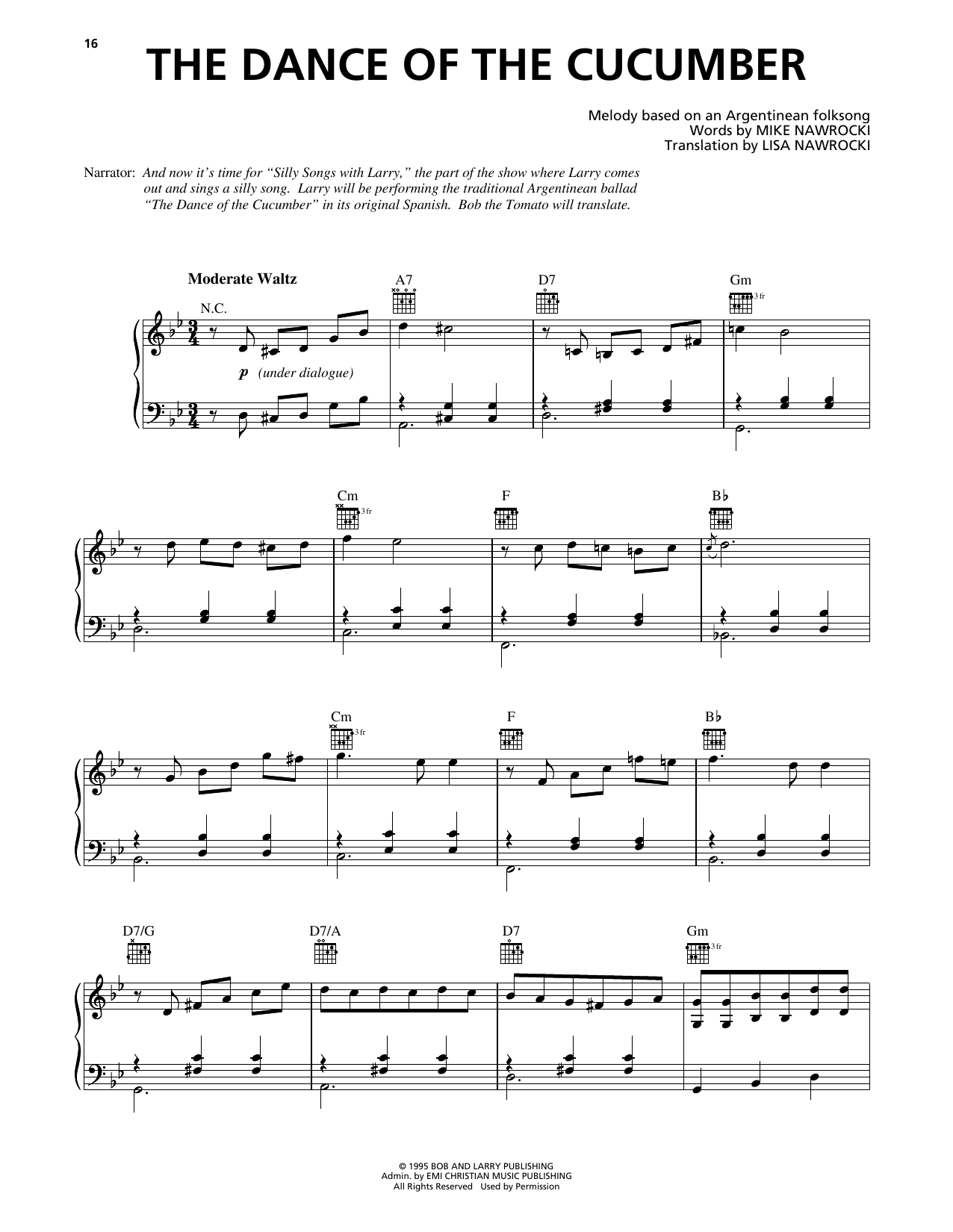 Download Mike Nawrocki The Dance Of The Cucumber (from VeggieTales) Sheet Music and learn how to play Piano, Vocal & Guitar Chords (Right-Hand Melody) PDF digital score in minutes