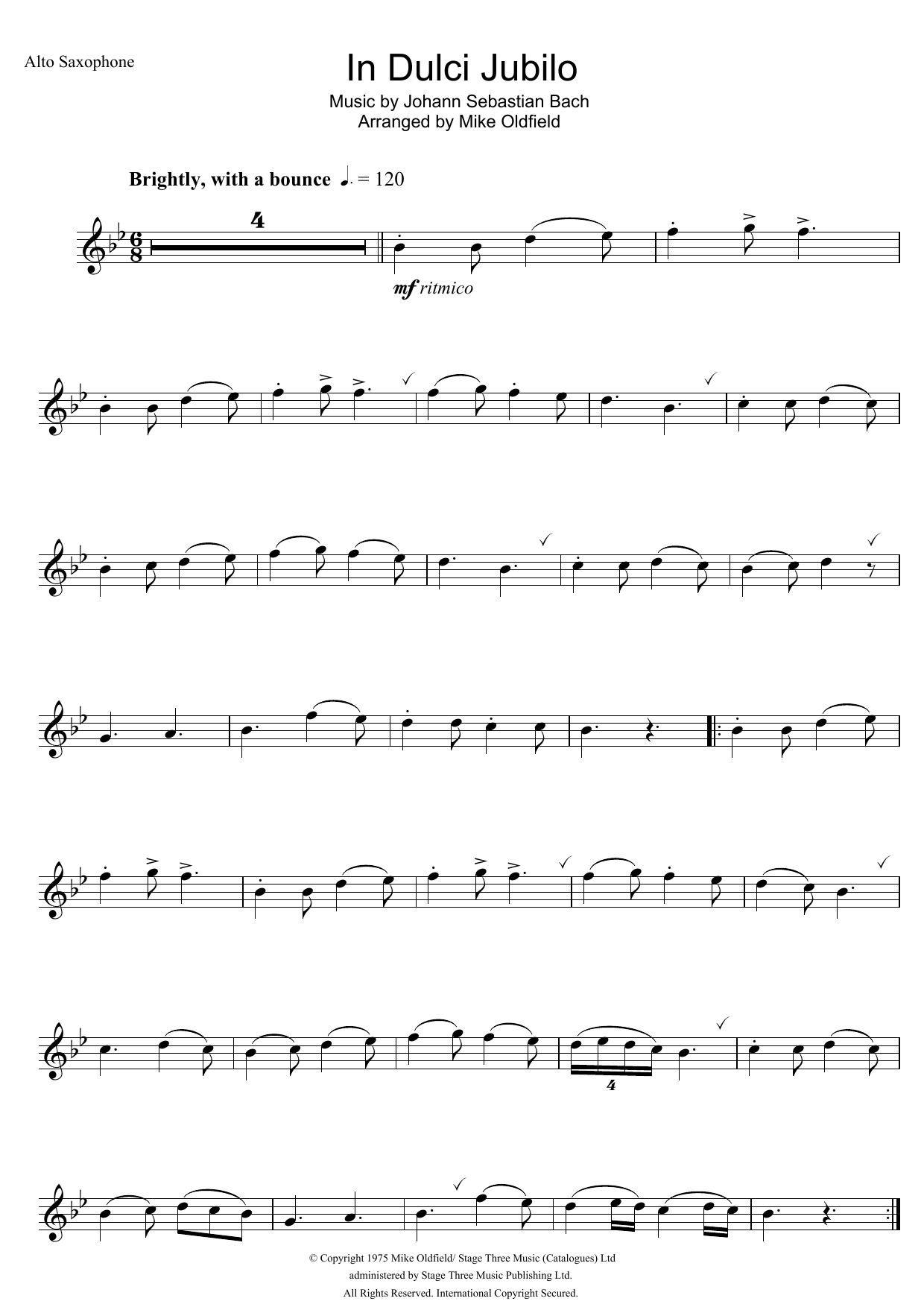 Download Mike Oldfield In Dulci Jubilo Sheet Music and learn how to play Alto Saxophone PDF digital score in minutes