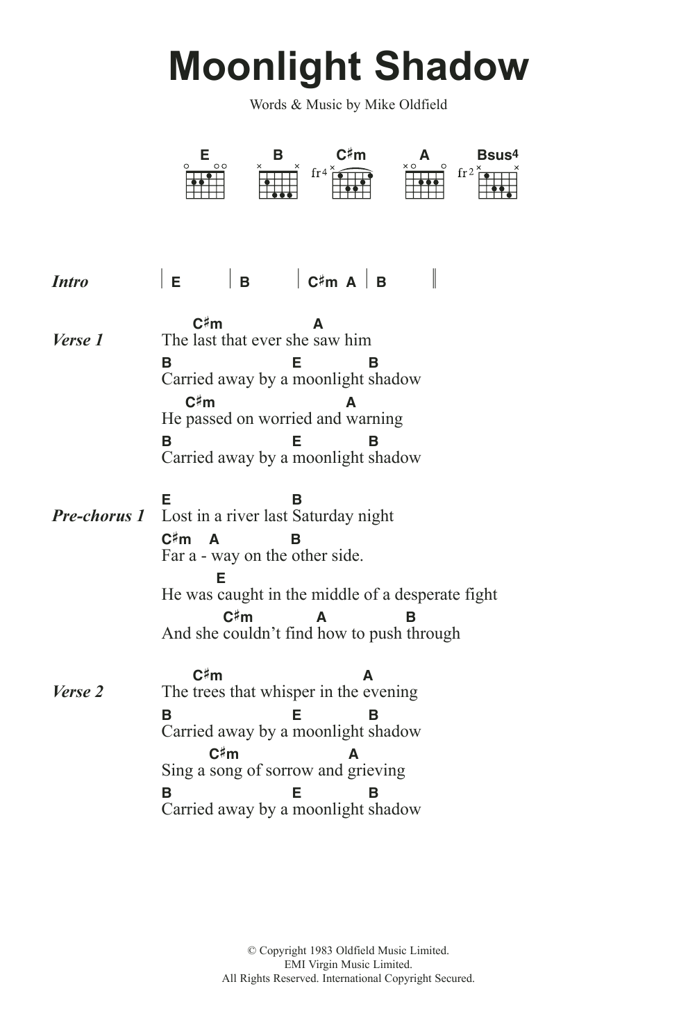 Download Mike Oldfield Moonlight Shadow Sheet Music and learn how to play Lyrics & Chords PDF digital score in minutes