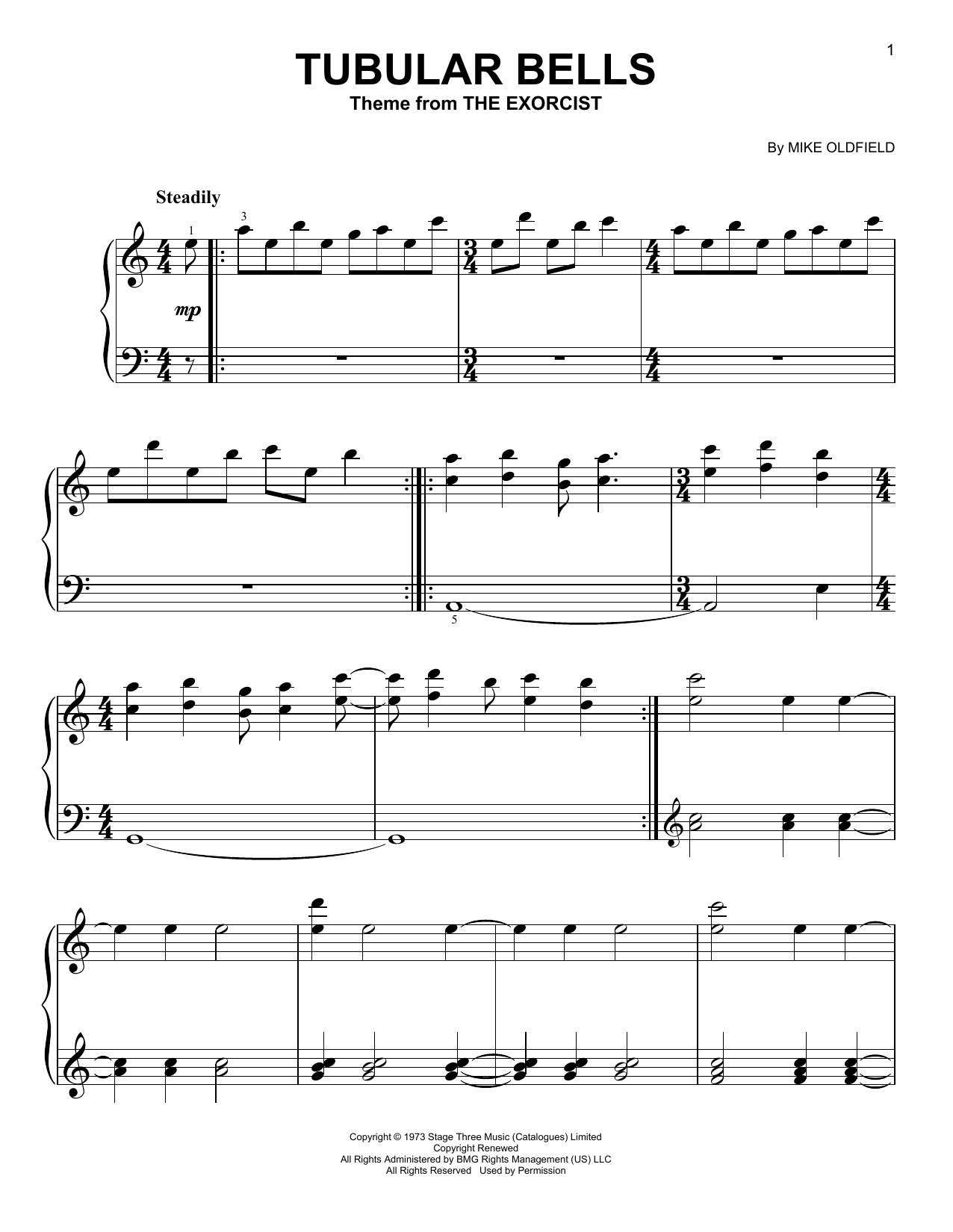 Download Mike Oldfield Tubular Bells (from The Excorcist) Sheet Music and learn how to play Very Easy Piano PDF digital score in minutes