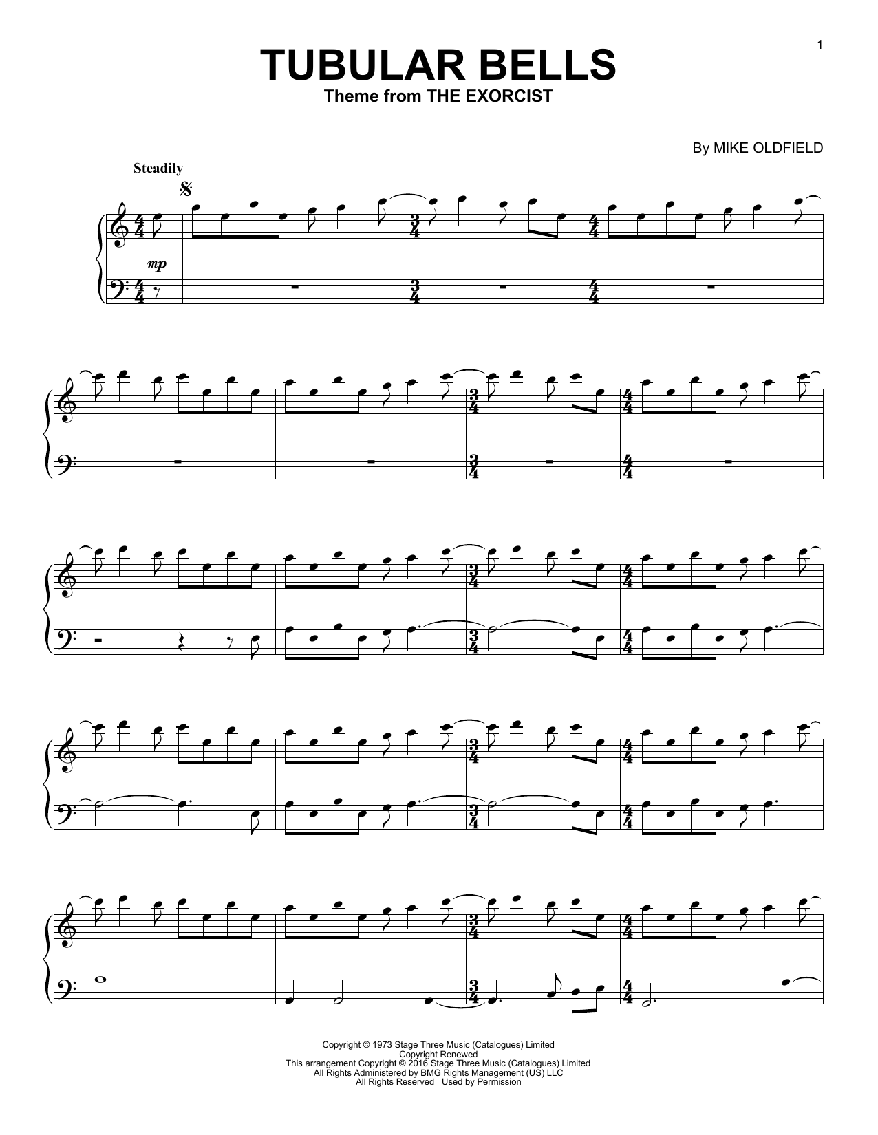 Download Mike Oldfield Tubular Bells Sheet Music and learn how to play Piano (Big Notes) PDF digital score in minutes