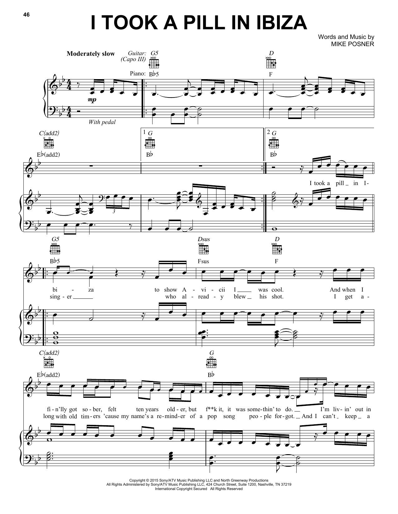 Download Mike Posner I Took A Pill In Ibiza Sheet Music and learn how to play Piano, Vocal & Guitar (Right-Hand Melody) PDF digital score in minutes