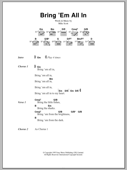 Download Mike Scott Bring 'Em All In Sheet Music and learn how to play Lyrics & Chords PDF digital score in minutes