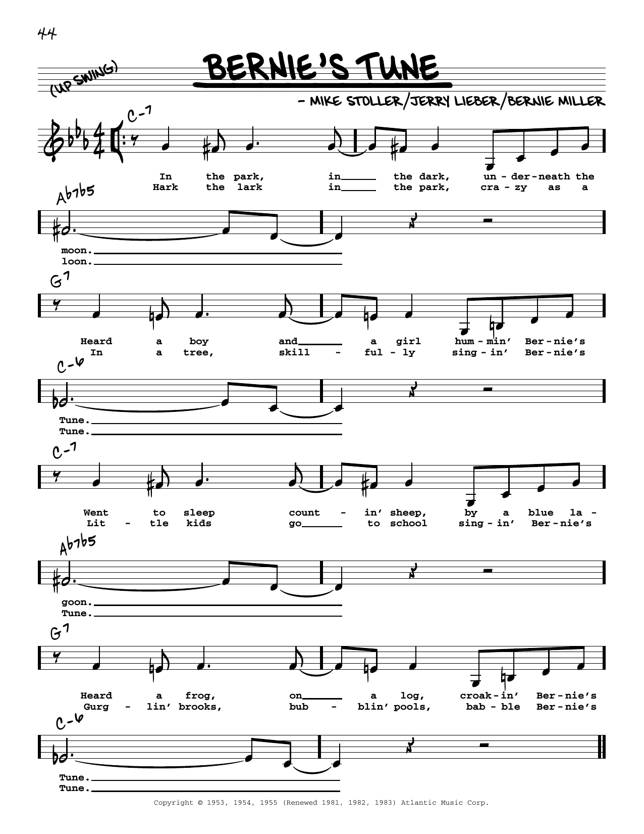 Download Mike Stoller Bernie's Tune (Low Voice) Sheet Music and learn how to play Real Book – Melody, Lyrics & Chords PDF digital score in minutes