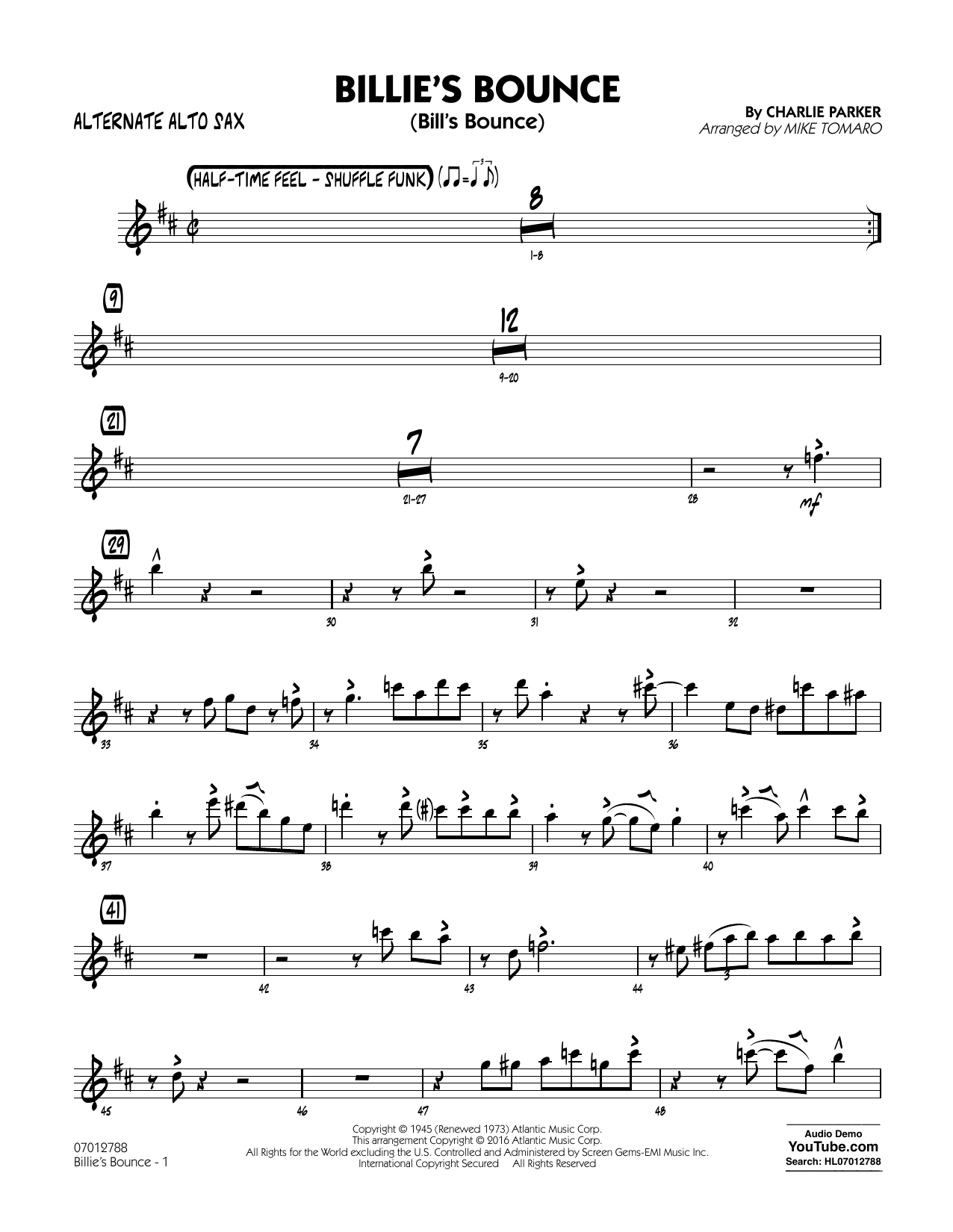 Download Mike Tomaro Billie's Bounce - Alternate Alto Sax Sheet Music and learn how to play Jazz Ensemble PDF digital score in minutes