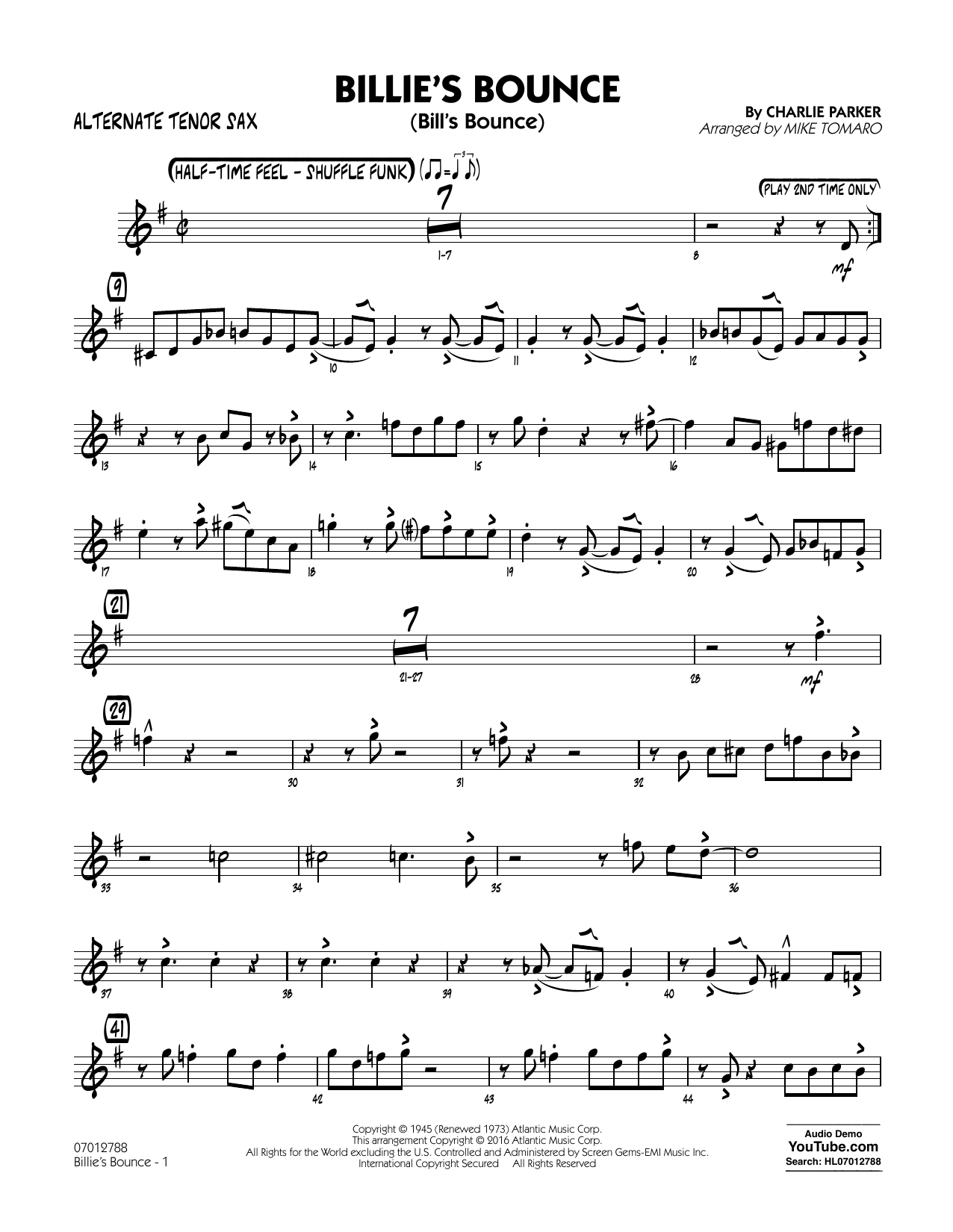 Download Mike Tomaro Billie's Bounce - Alternate Tenor Sax Sheet Music and learn how to play Jazz Ensemble PDF digital score in minutes