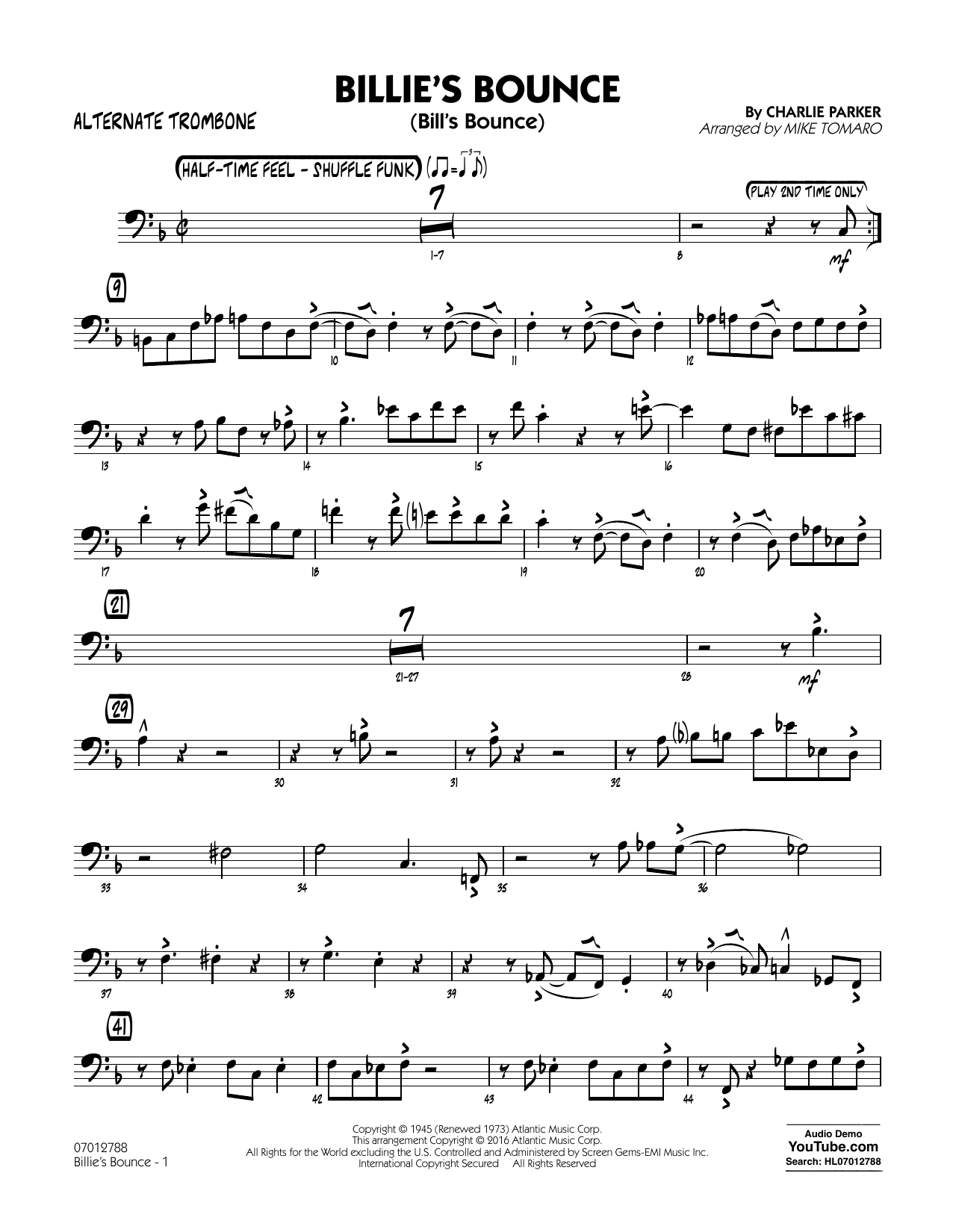 Download Mike Tomaro Billie's Bounce - Alternate Trombone Sheet Music and learn how to play Jazz Ensemble PDF digital score in minutes