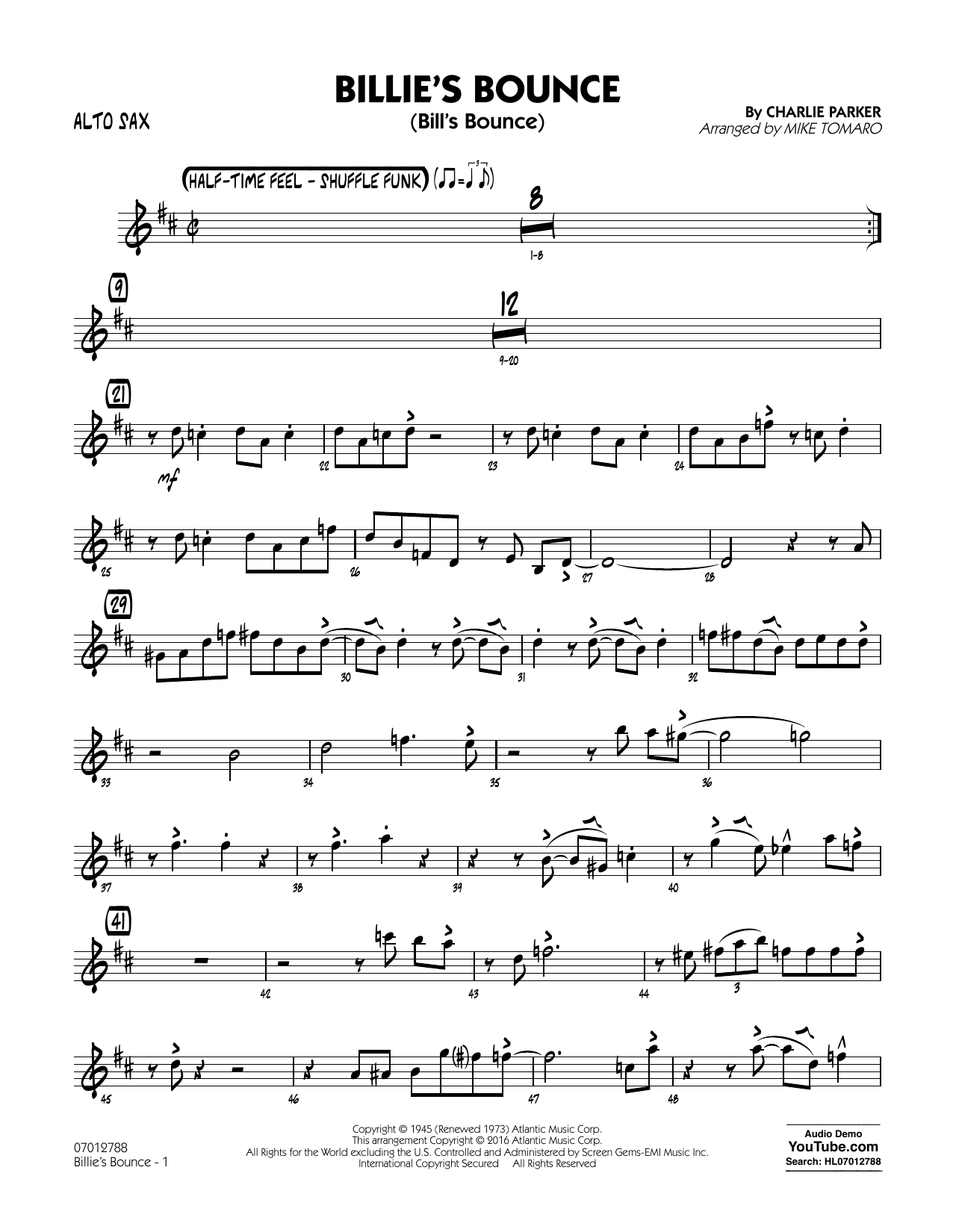 Download Mike Tomaro Billie's Bounce - Alto Sax Sheet Music and learn how to play Jazz Ensemble PDF digital score in minutes