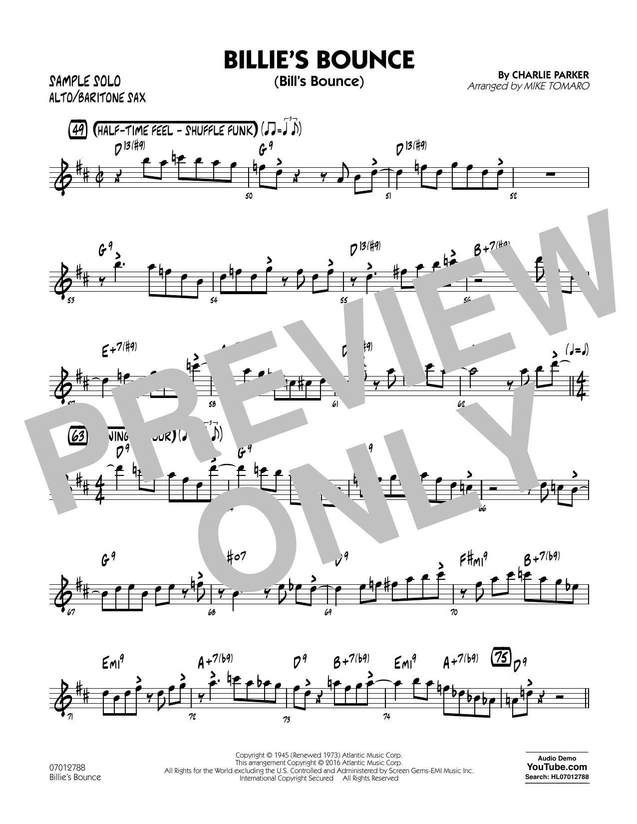 Download Mike Tomaro Billie's Bounce - Alto Sax/Bari Sax Sample Solo Sheet Music and learn how to play Jazz Ensemble PDF digital score in minutes