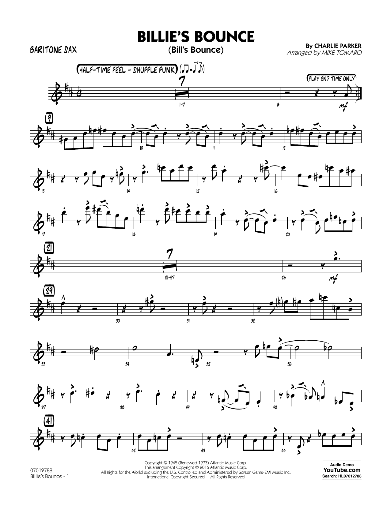 Download Mike Tomaro Billie's Bounce - Baritone Sax Sheet Music and learn how to play Jazz Ensemble PDF digital score in minutes