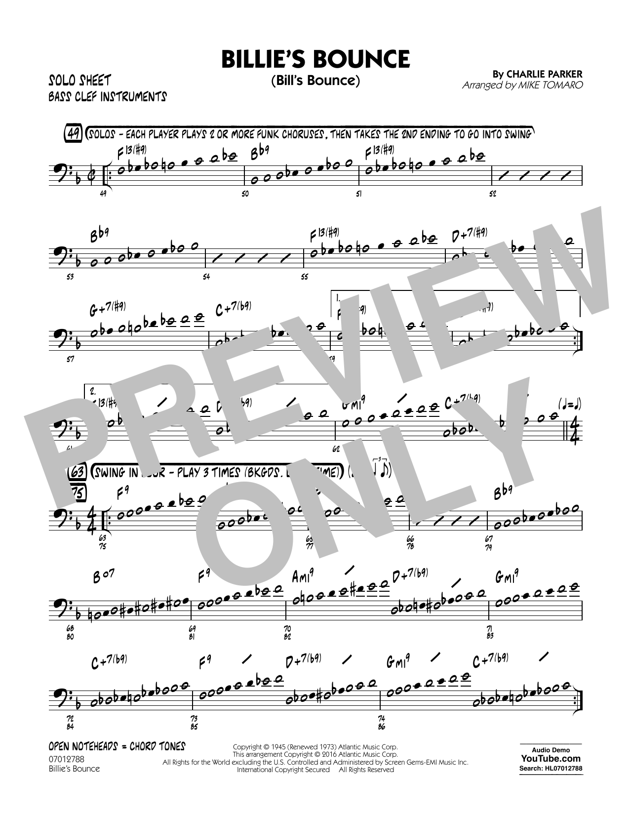 Download Mike Tomaro Billie's Bounce - Bass Clef Solo Sheet Sheet Music and learn how to play Jazz Ensemble PDF digital score in minutes