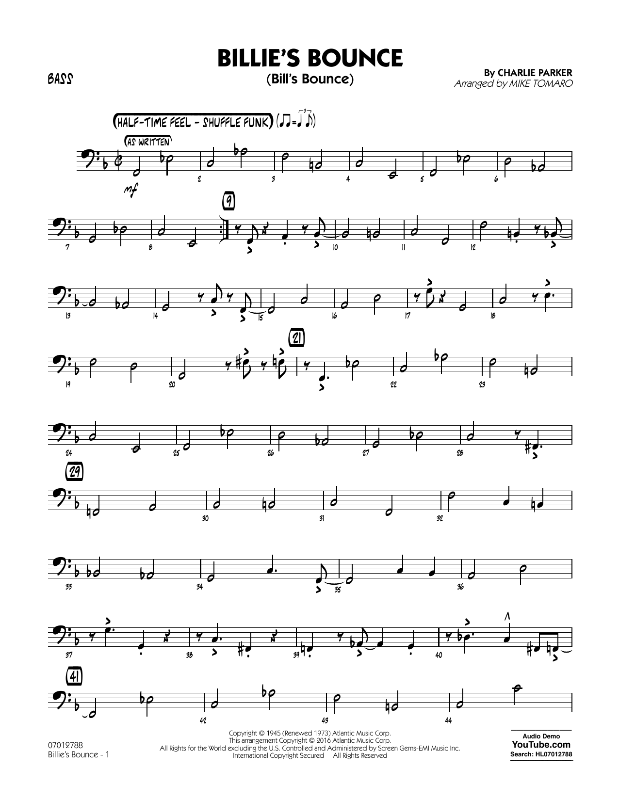 Download Mike Tomaro Billie's Bounce - Bass Sheet Music and learn how to play Jazz Ensemble PDF digital score in minutes